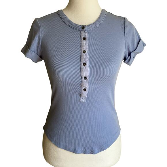 Anthropologie Pilcro XXS The Andie Ribbed Henley Top Short Sleeve Light Blue - Picture 6 of 16